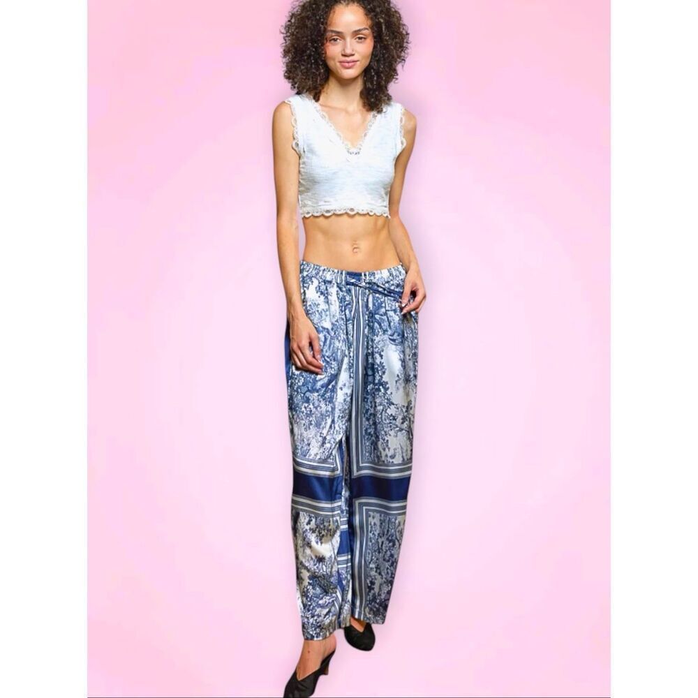 POL Wide Leg Toile Print Pants Navy Ivory Boho Drawstring Palazzo Pants Large - Picture 2 of 9